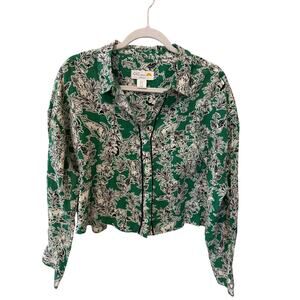 C&C California 100% Linen Shirt Women's Size XL Green Print Button Up Cropped